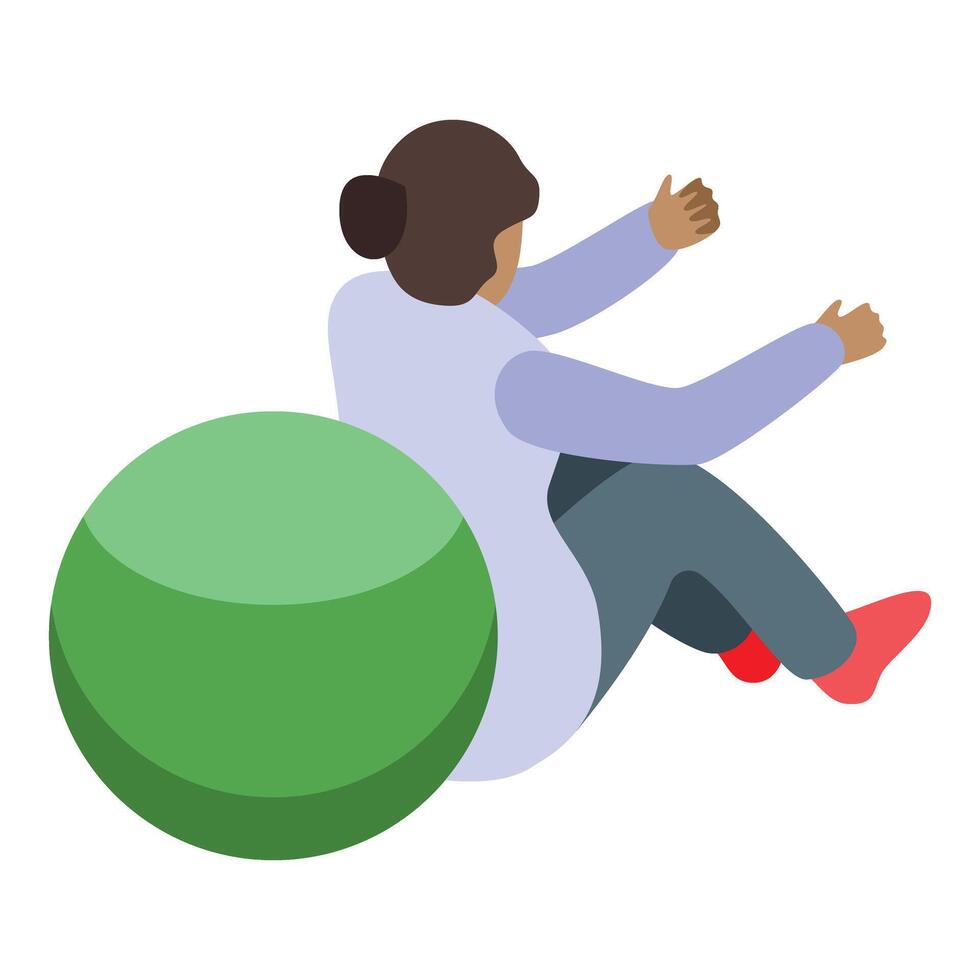 Girl doing gymnastic exercises with green fitness ball, isometric illustration vector