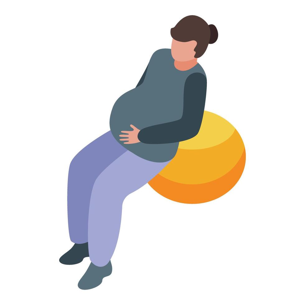 Pregnant woman doing exercise on fitness ball, isometric prenatal workout vector