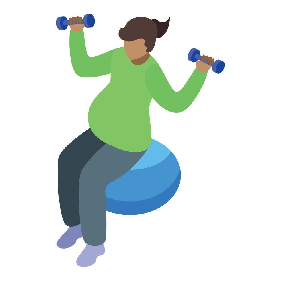 Pregnant woman lifting weights while sitting on fitness ball, isometric exercise during pregnancy vector