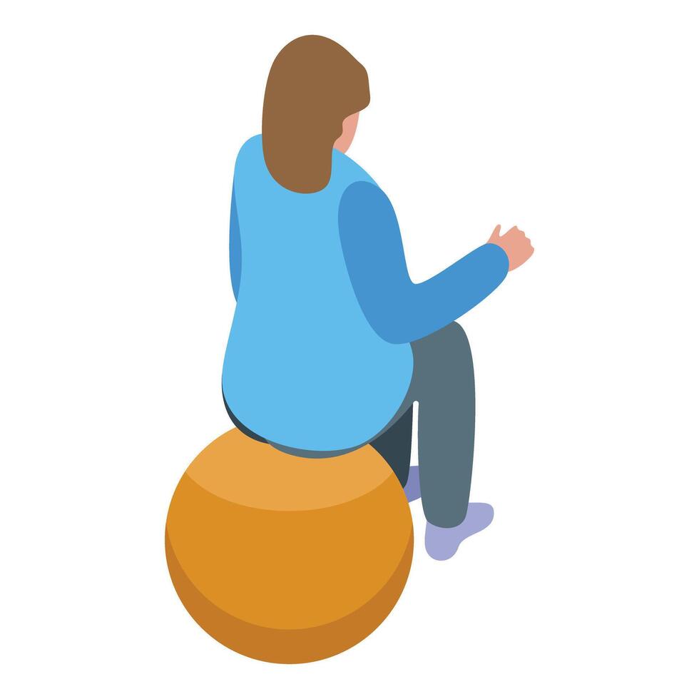 Woman doing pilates exercises sitting on fitness ball, back view isometric illustration vector