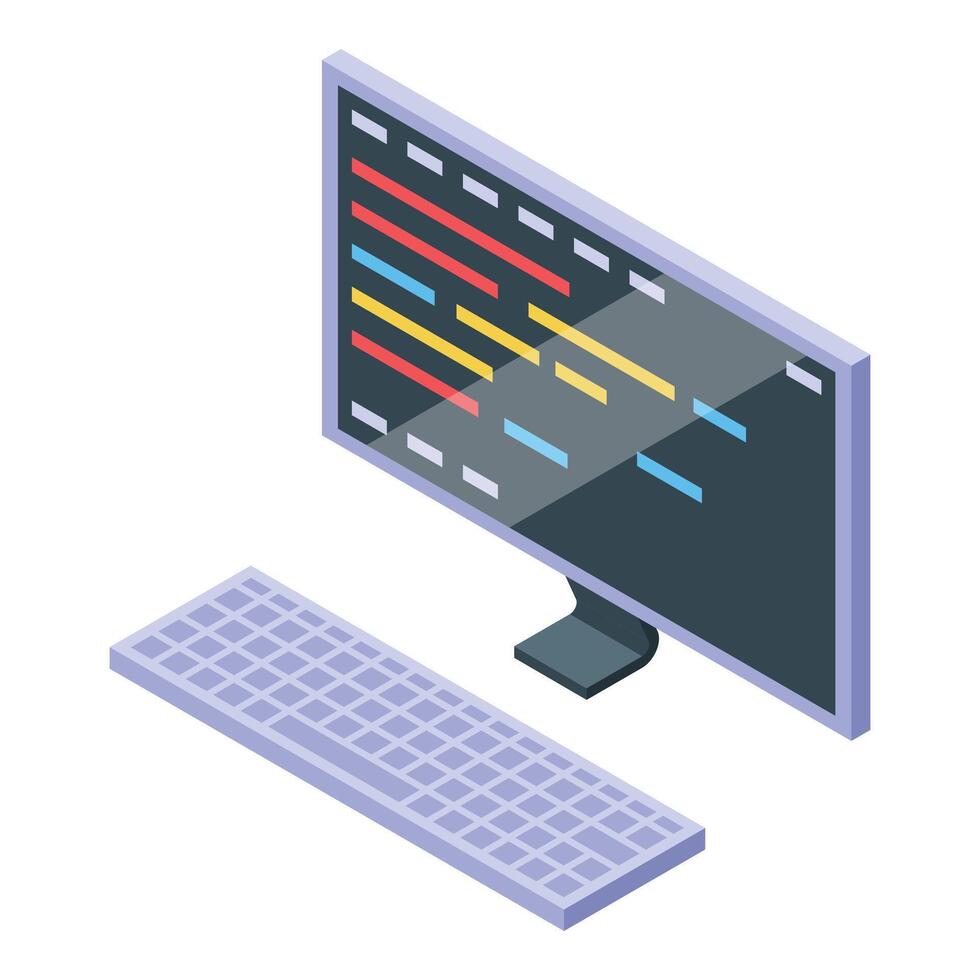 Computer showing programming code on monitor and keyboard displaying software development process vector