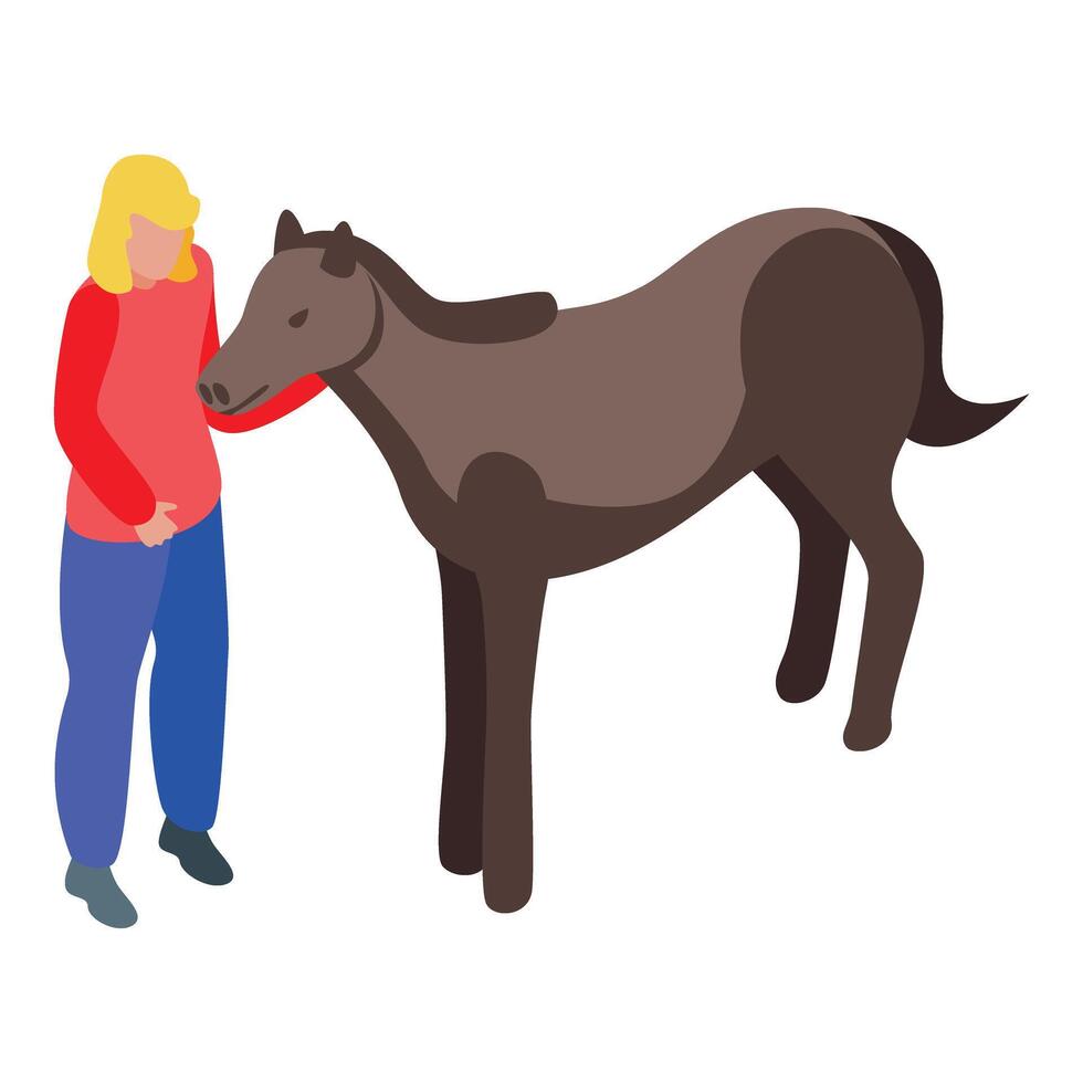 Horsewoman taking care of horse in stables or ranch vector