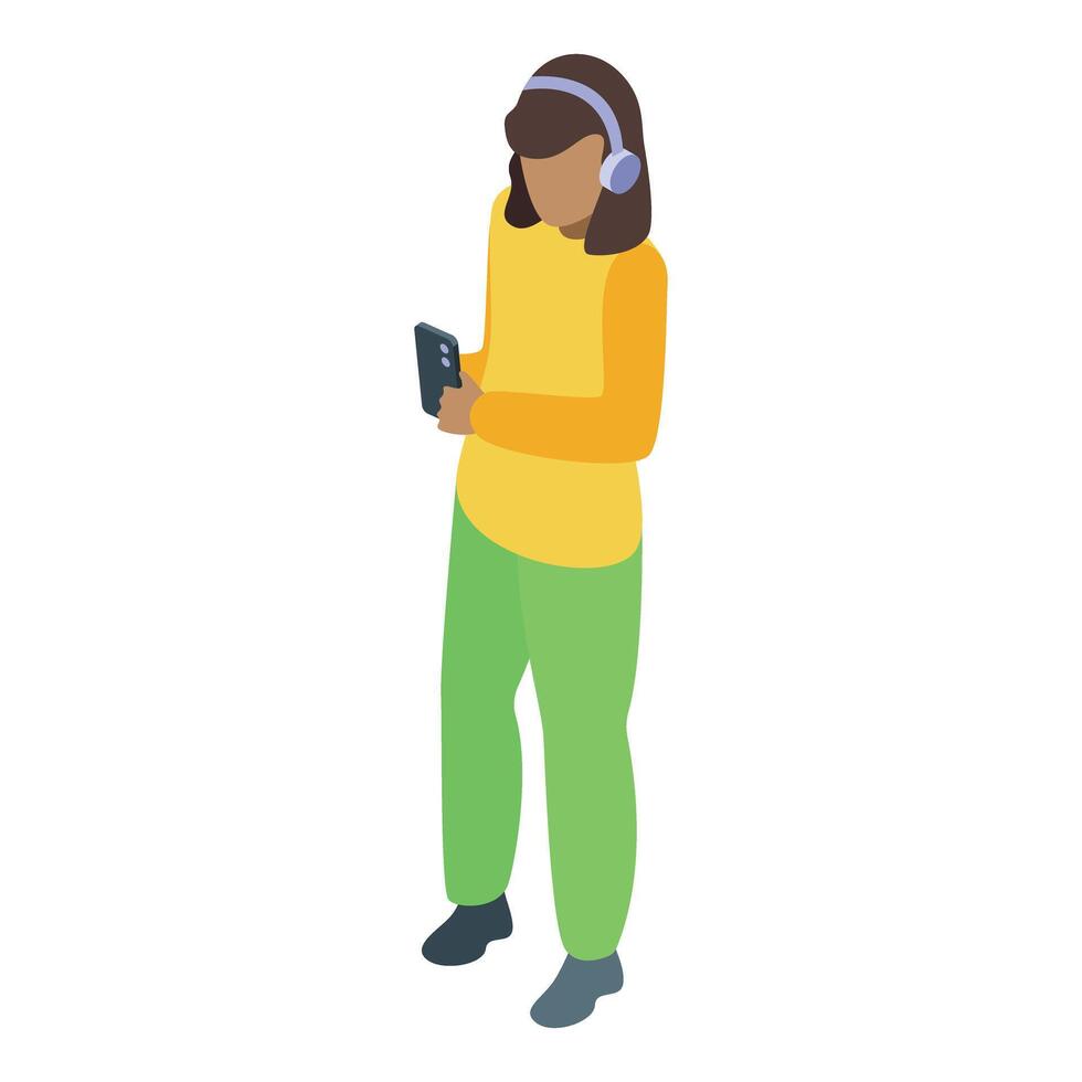 Young woman listening to music and browsing smartphone, isometric illustration vector