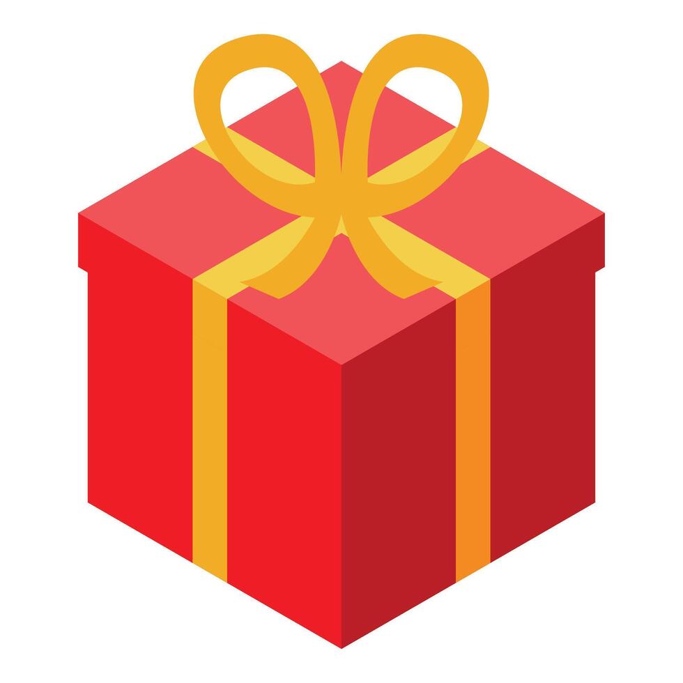 Red gift box wrapped with golden ribbon and bow in isometric view vector