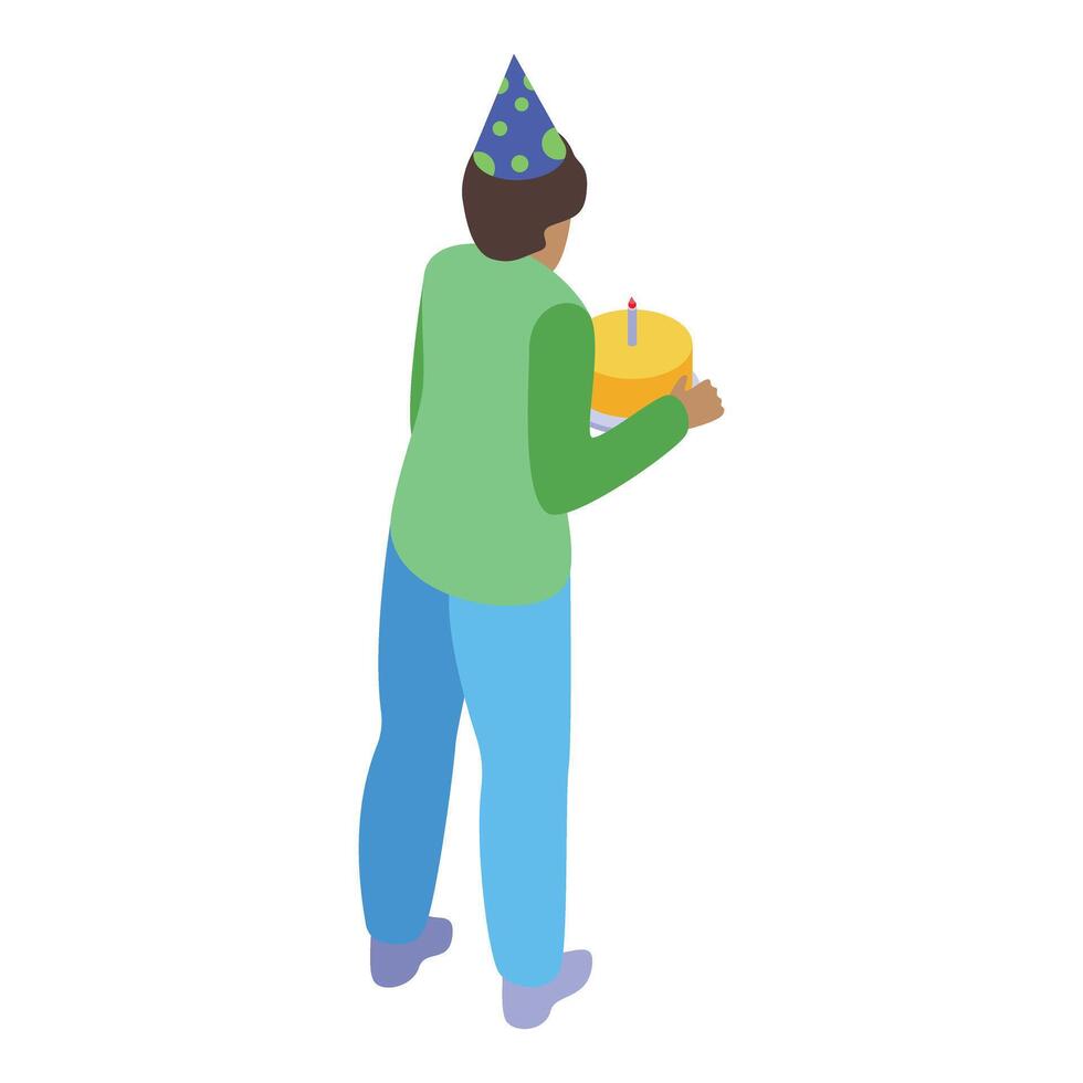 Boy bringing birthday cake with candle wearing party hat, rear view vector