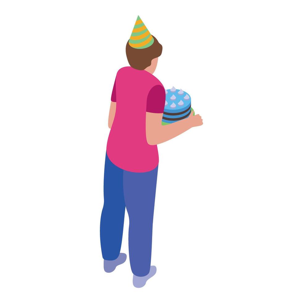 Boy bringing birthday cake to party isometric icon vector