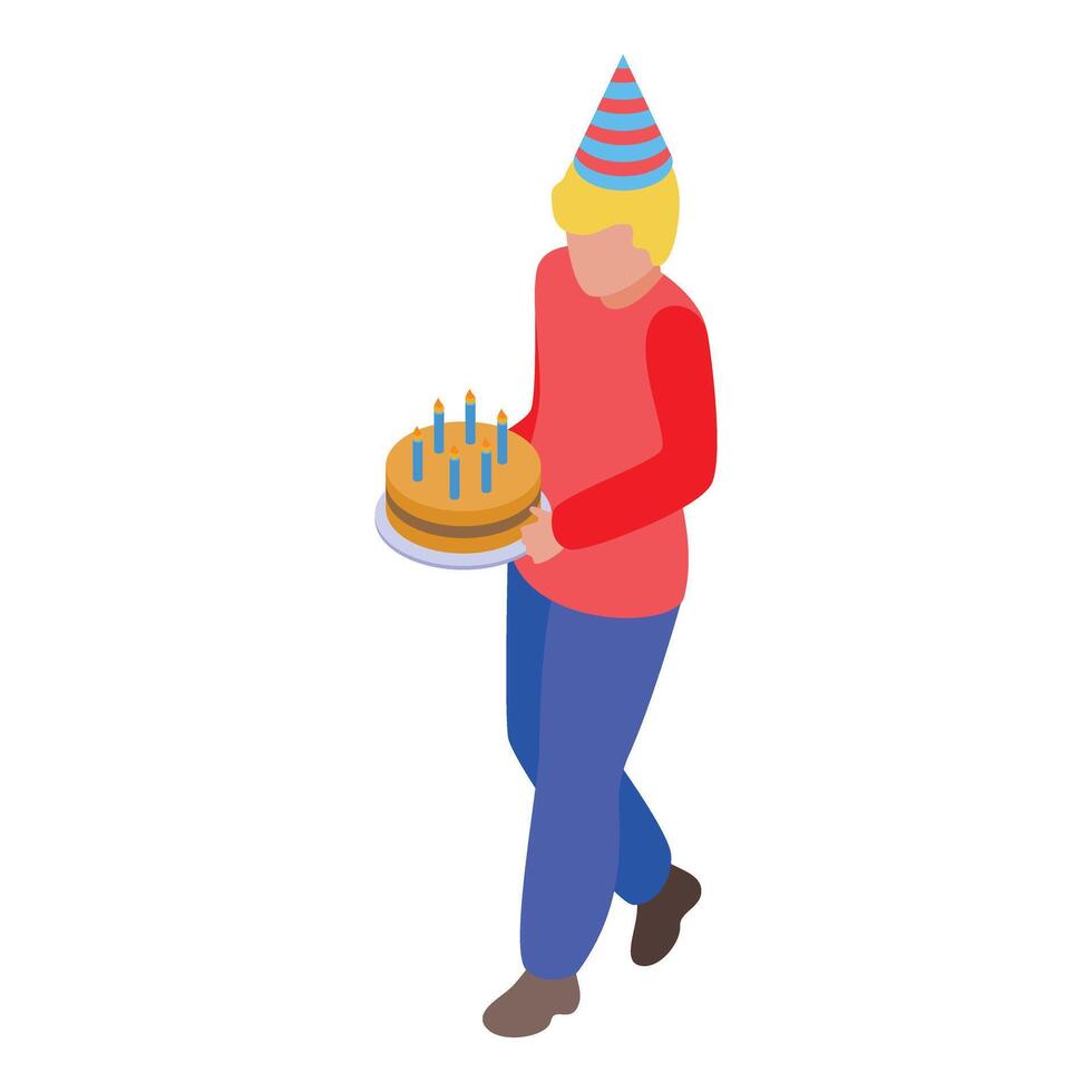 Boy carrying birthday cake with lighted candles and wearing party hat vector