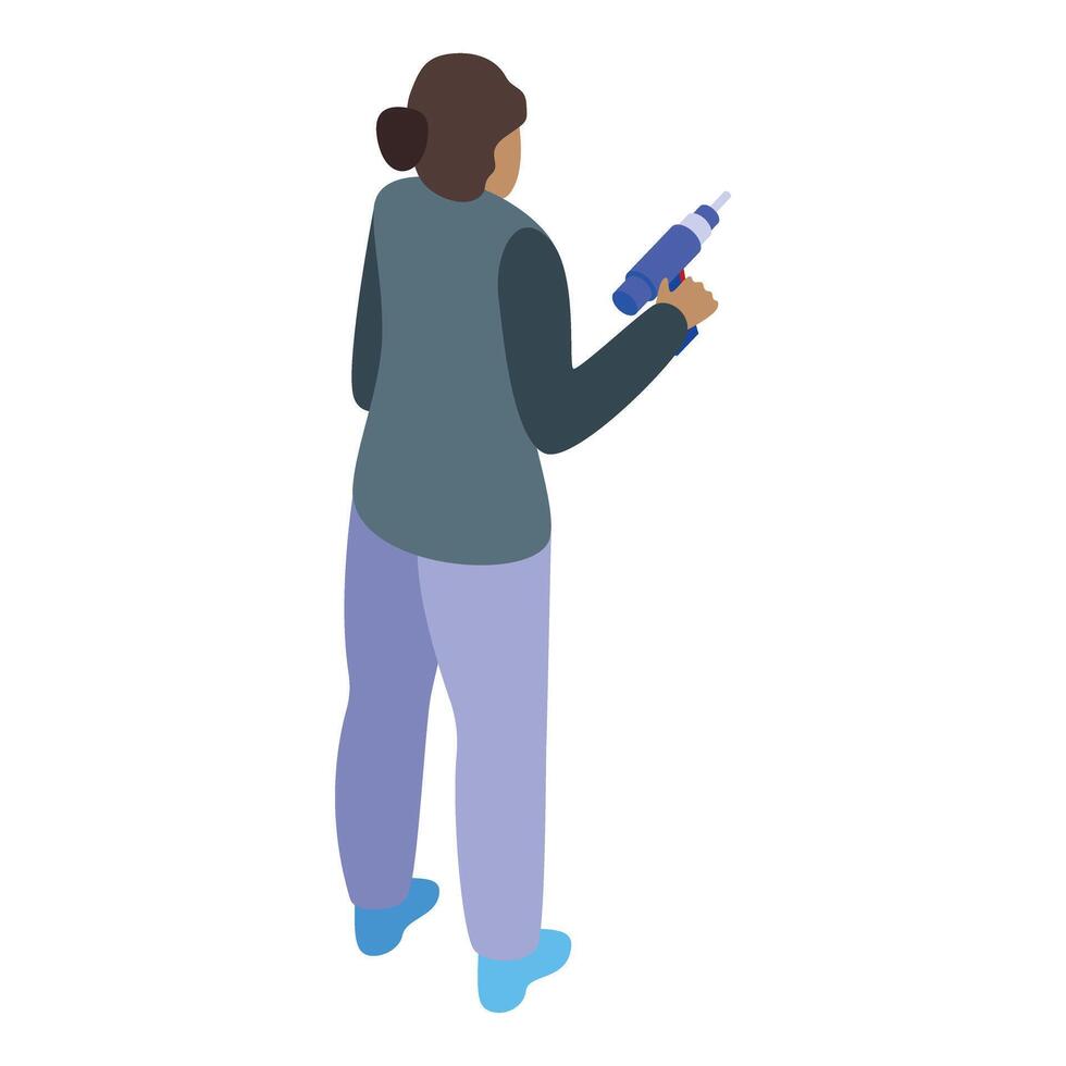 Woman construction worker holding cordless drill isometric view vector
