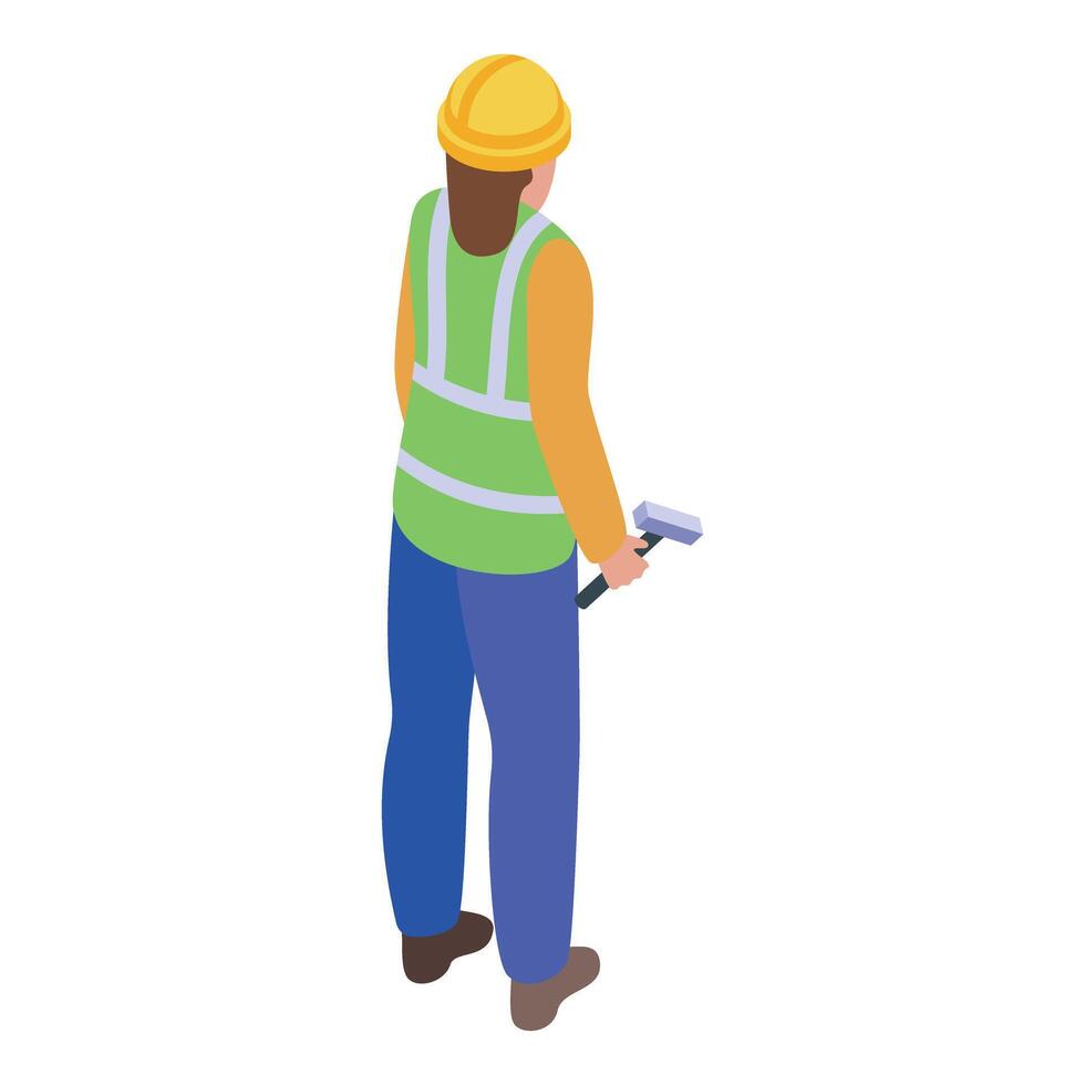 Road construction worker holding hammer in isometric view vector
