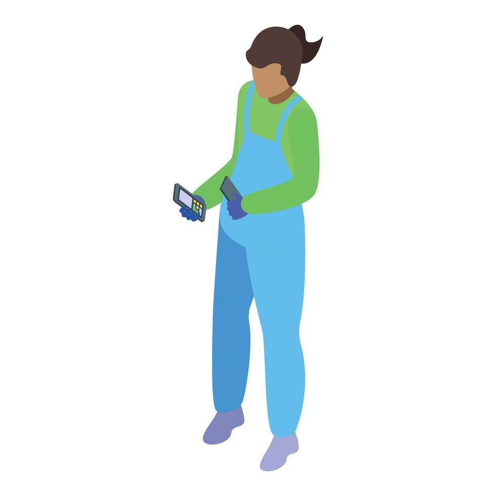 Cleaning lady holding smartphone and pos terminal for cashless payment vector