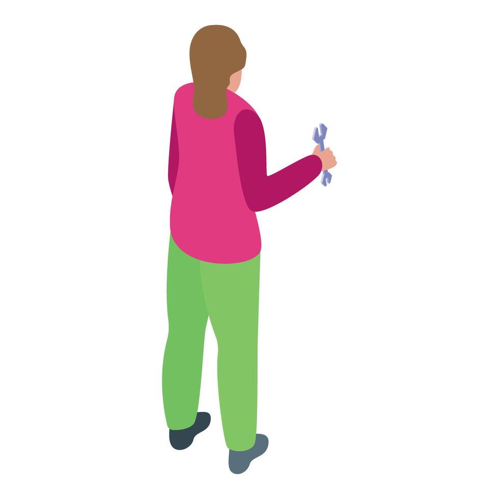 Woman mechanic holding wrench, rear view, isometric illustration vector