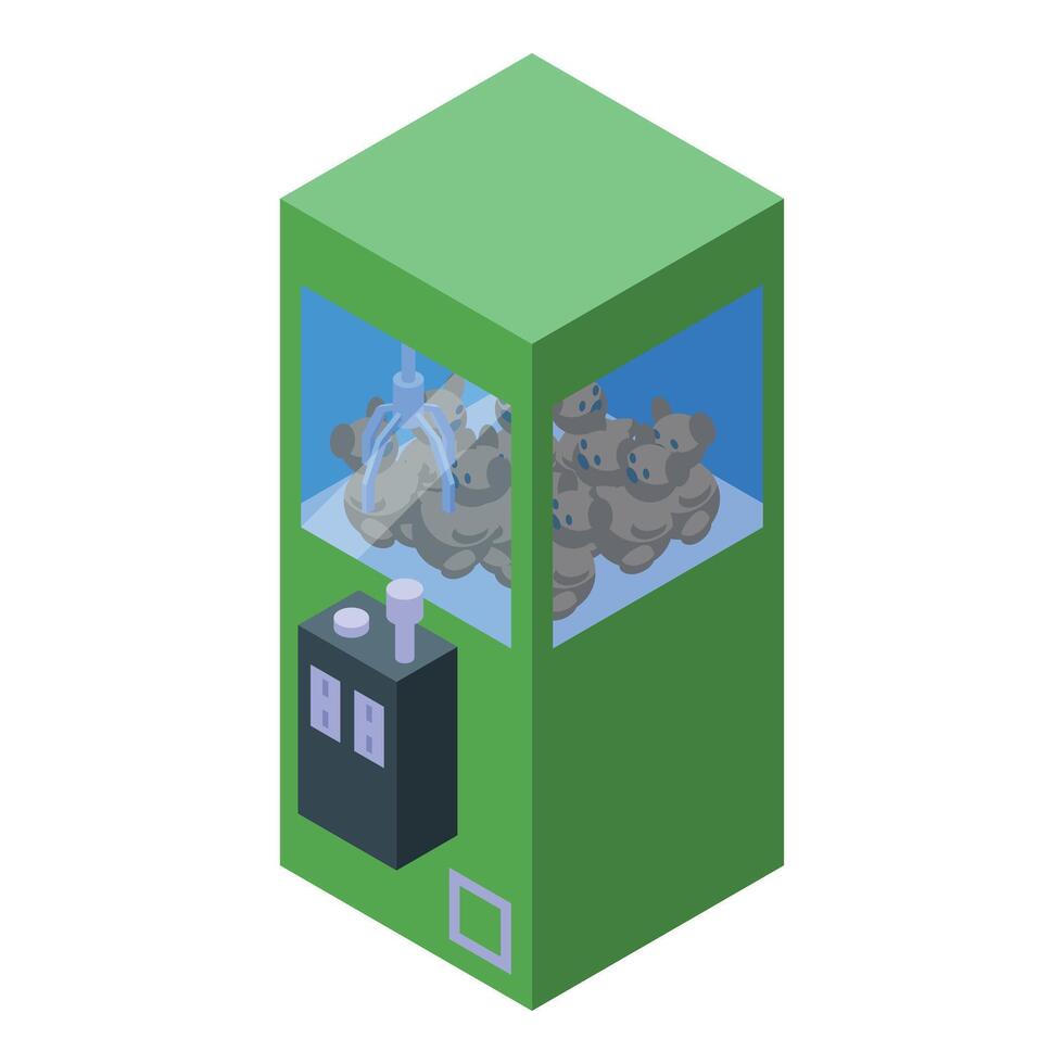 Green claw crane arcade game grabbing plush toys isometric view vector