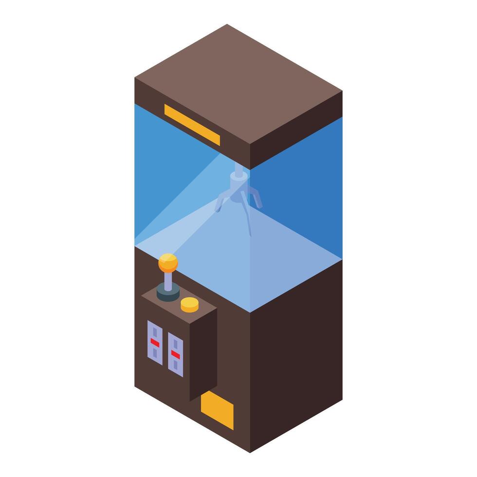 Claw crane arcade game grabbing a prize, in isometric view vector