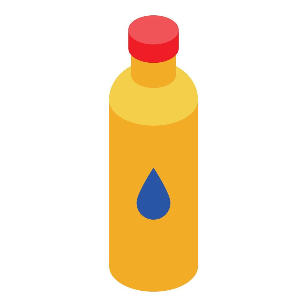 Yellow plastic bottle with red cap and blue drop symbol is presented in isometric view vector