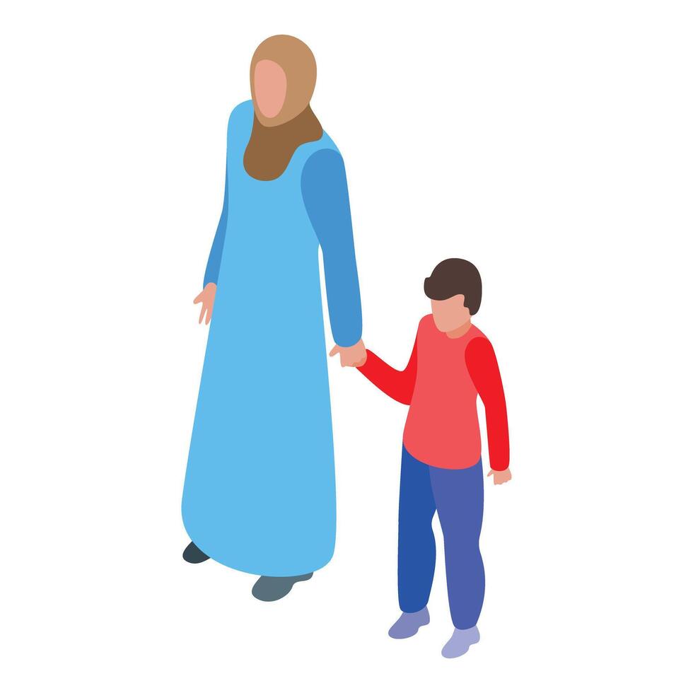 Muslim mother holding her son's hand, isometric illustration of family values vector