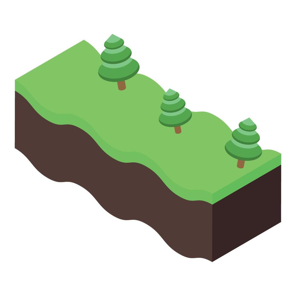 Green hillside with fir trees growing in isometric view vector