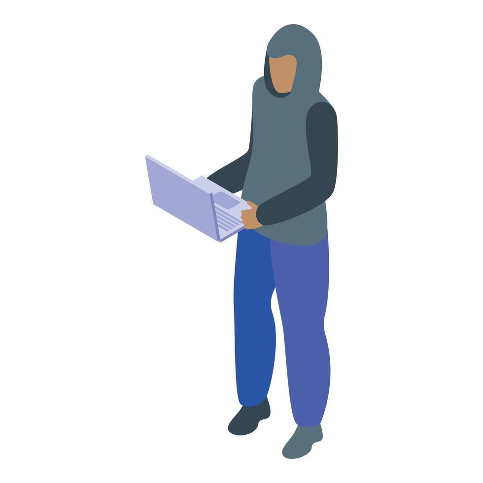 Hacker holding laptop and performing cyber crime vector