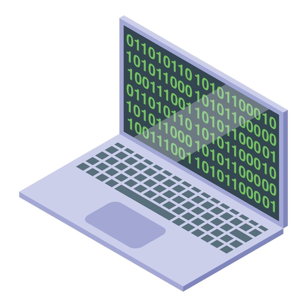 Laptop showing green binary code on screen in isometric view vector