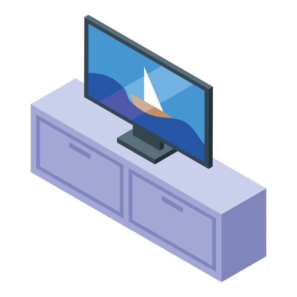 Modern tv showing sailing boat on tv stand in living room vector