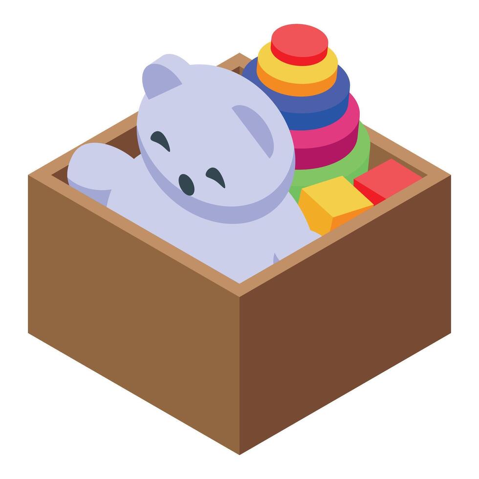Wooden toy box containing stacking rings, blocks, and plush bear vector
