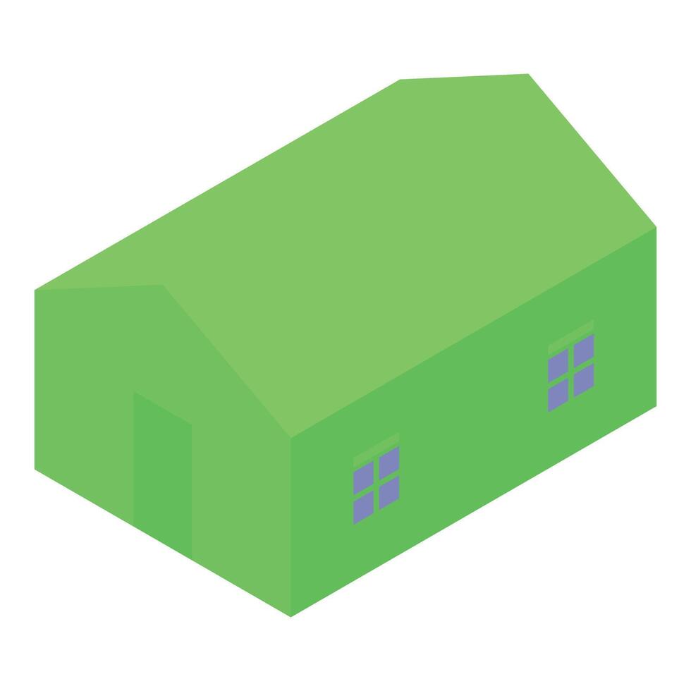 Green warehouse building with gable roof and small windows in isometric view vector