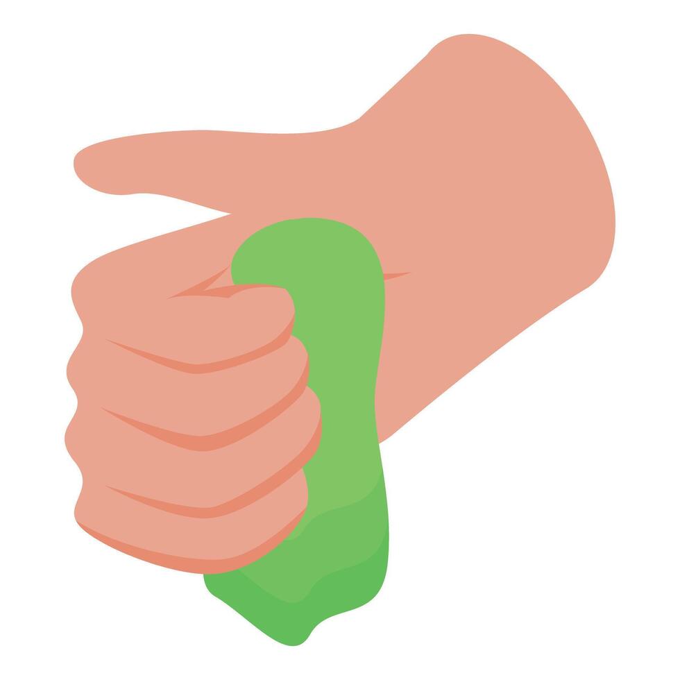 Hand squeezing green slime, sensory play for stress relief and fun vector