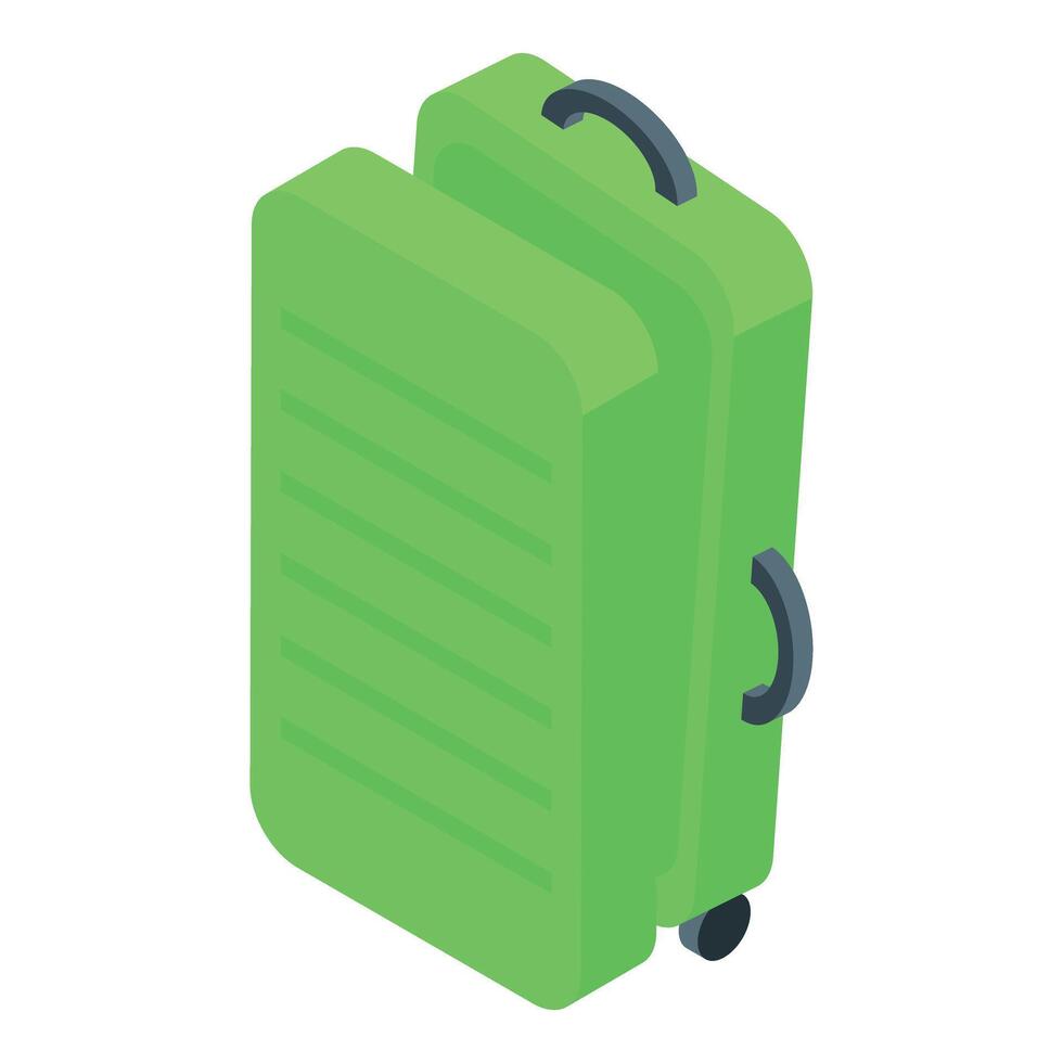 Green wheeled suitcase standing up for travel and vacations vector