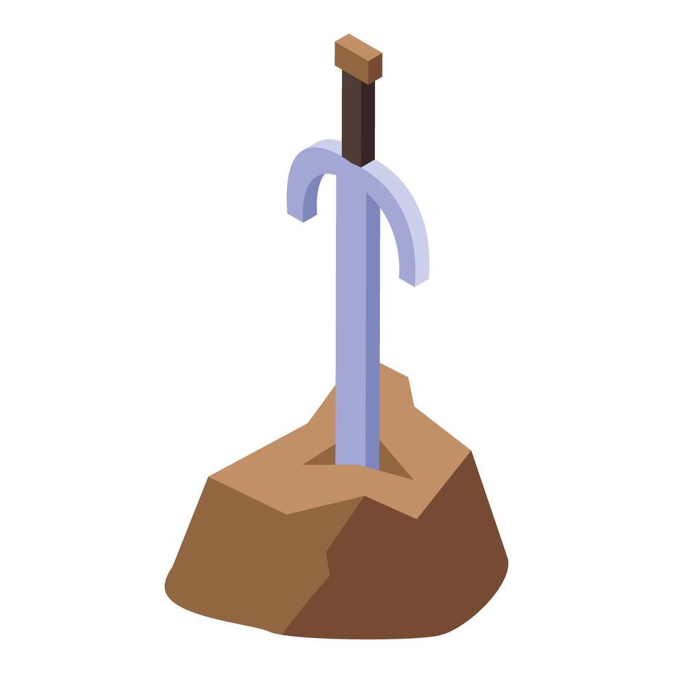 Isometric knight sword stuck in stone icon illustrating power vector