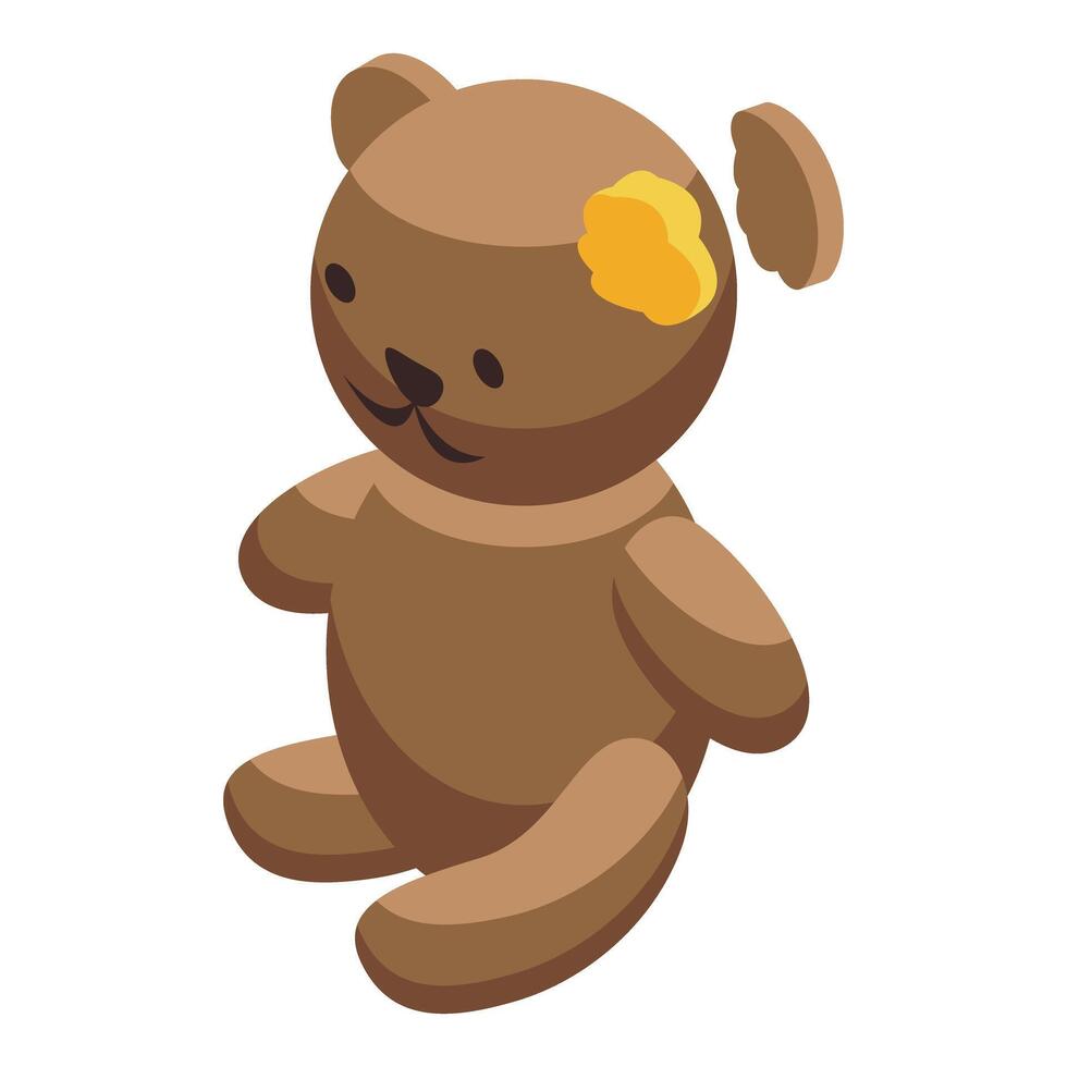 Teddy bear missing patch showing stuffing isometric illustration vector