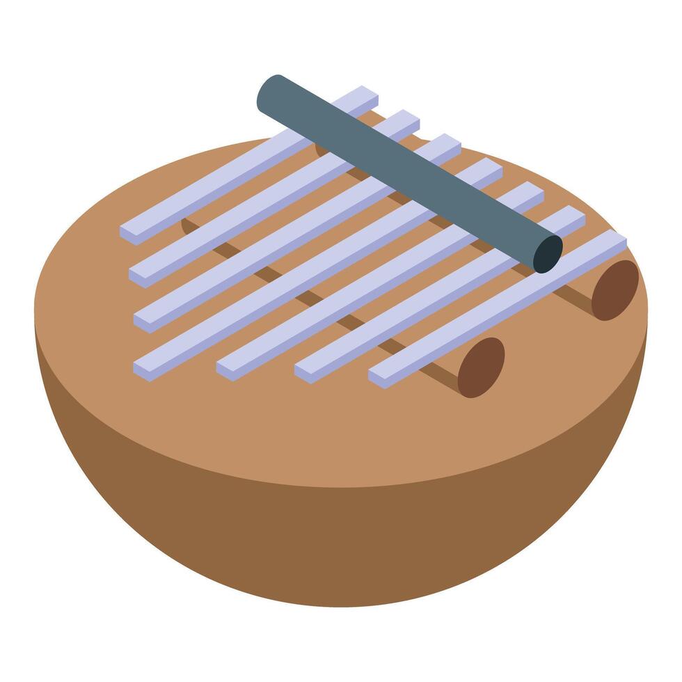 Kalimba musical instrument resting on wooden soundboard with metal keys and pipe vector