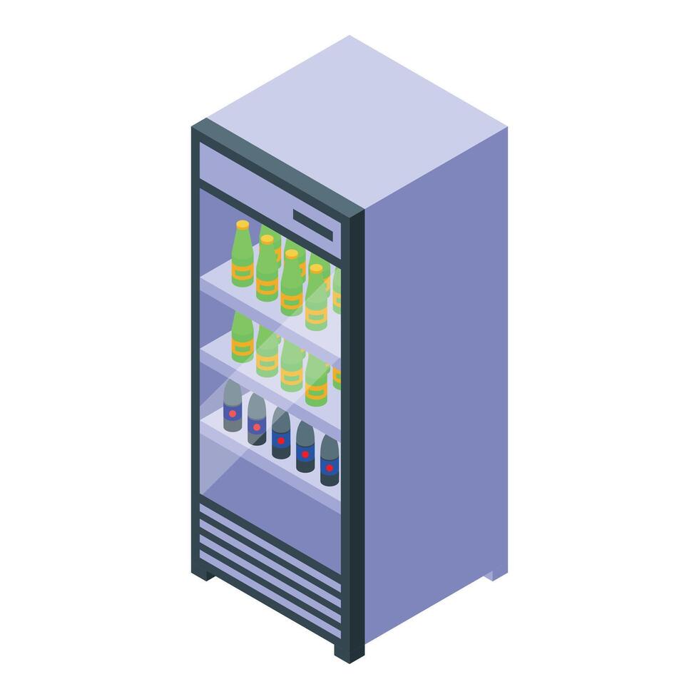 Refrigerator displaying bottled beverages in supermarket vector