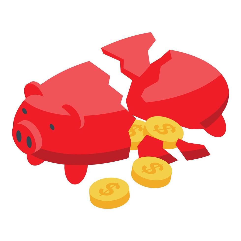 Broken piggy bank releasing dollar coins symbolizing financial loss vector