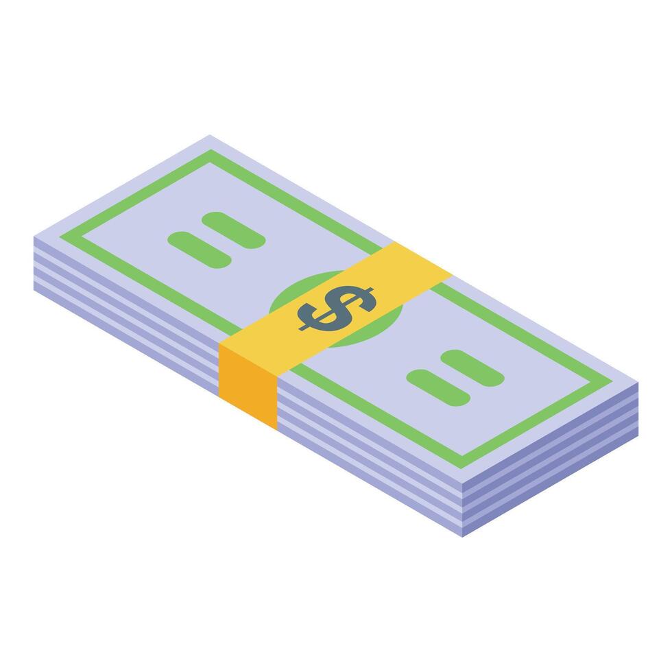 Stack of cash wrapped with yellow paper strip featuring dollar sign, isometric illustration vector