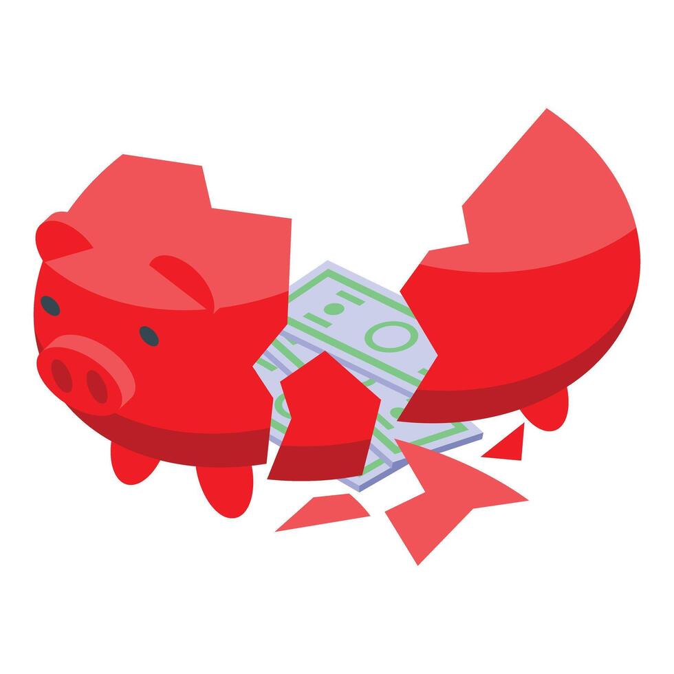 Broken piggy bank revealing savings, bankruptcy and financial crisis concept vector