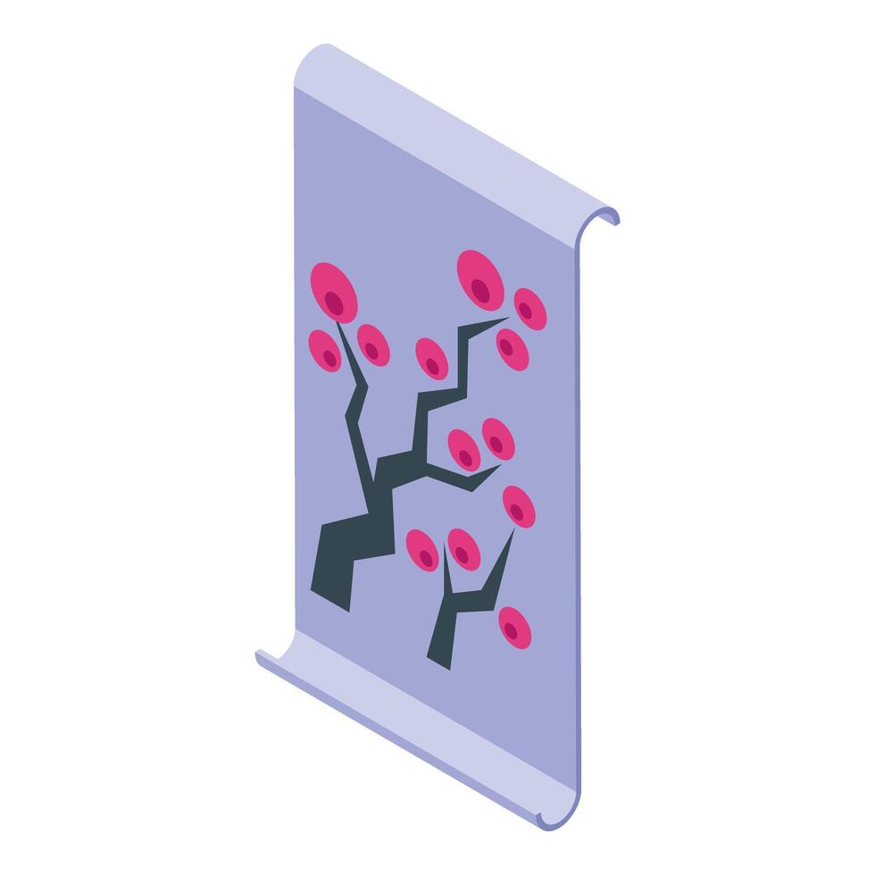 Isometric purple paper scroll showing blooming sakura tree vector