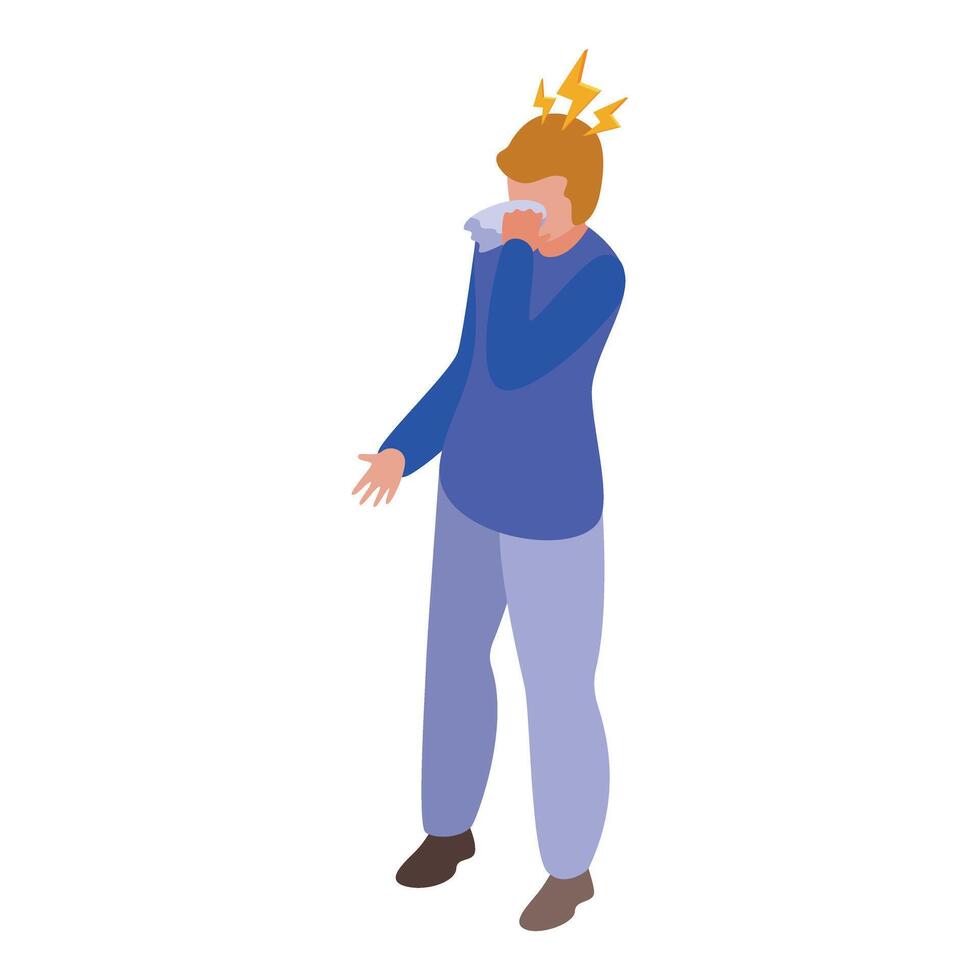 Sick person sneezing and experiencing strong headache with lightning bolts vector
