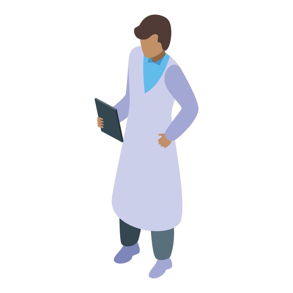 Chemist holding tablet analyzing chemical compounds in laboratory vector