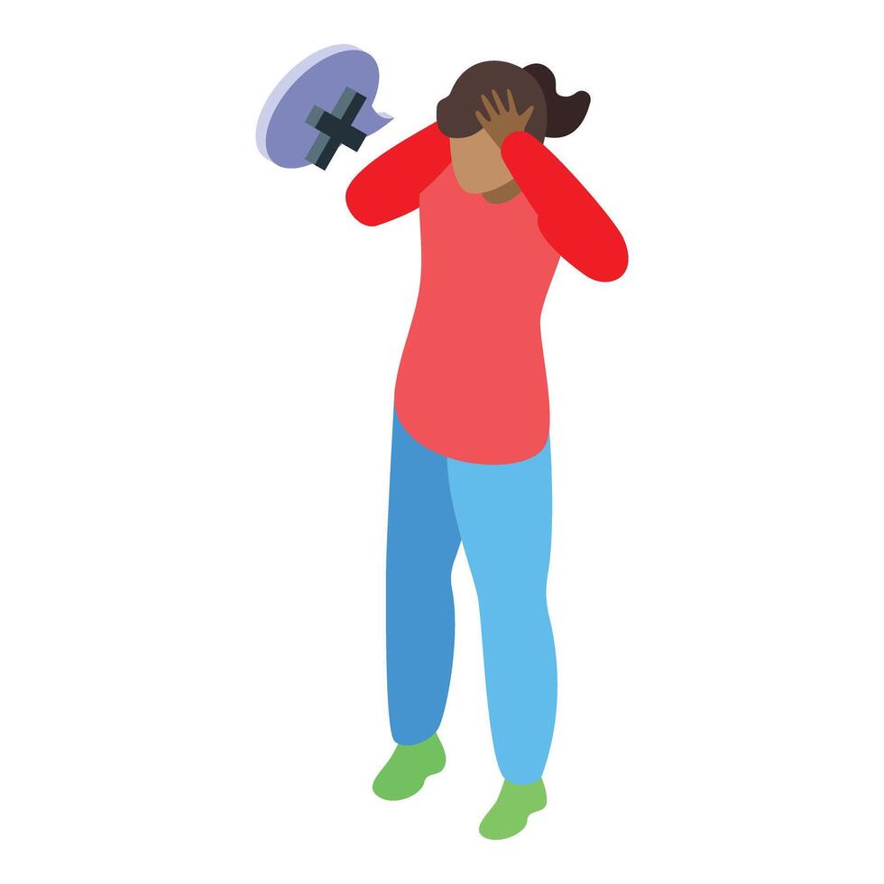 Teenager receiving negative feedback covering ears with hands isometric icon vector