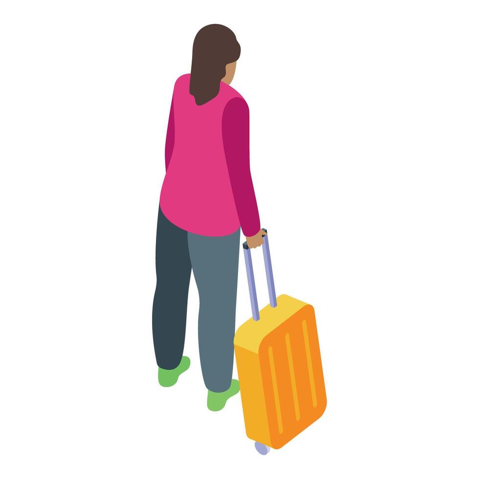 Woman pulling rolling suitcase, embodying travel and tourism vector