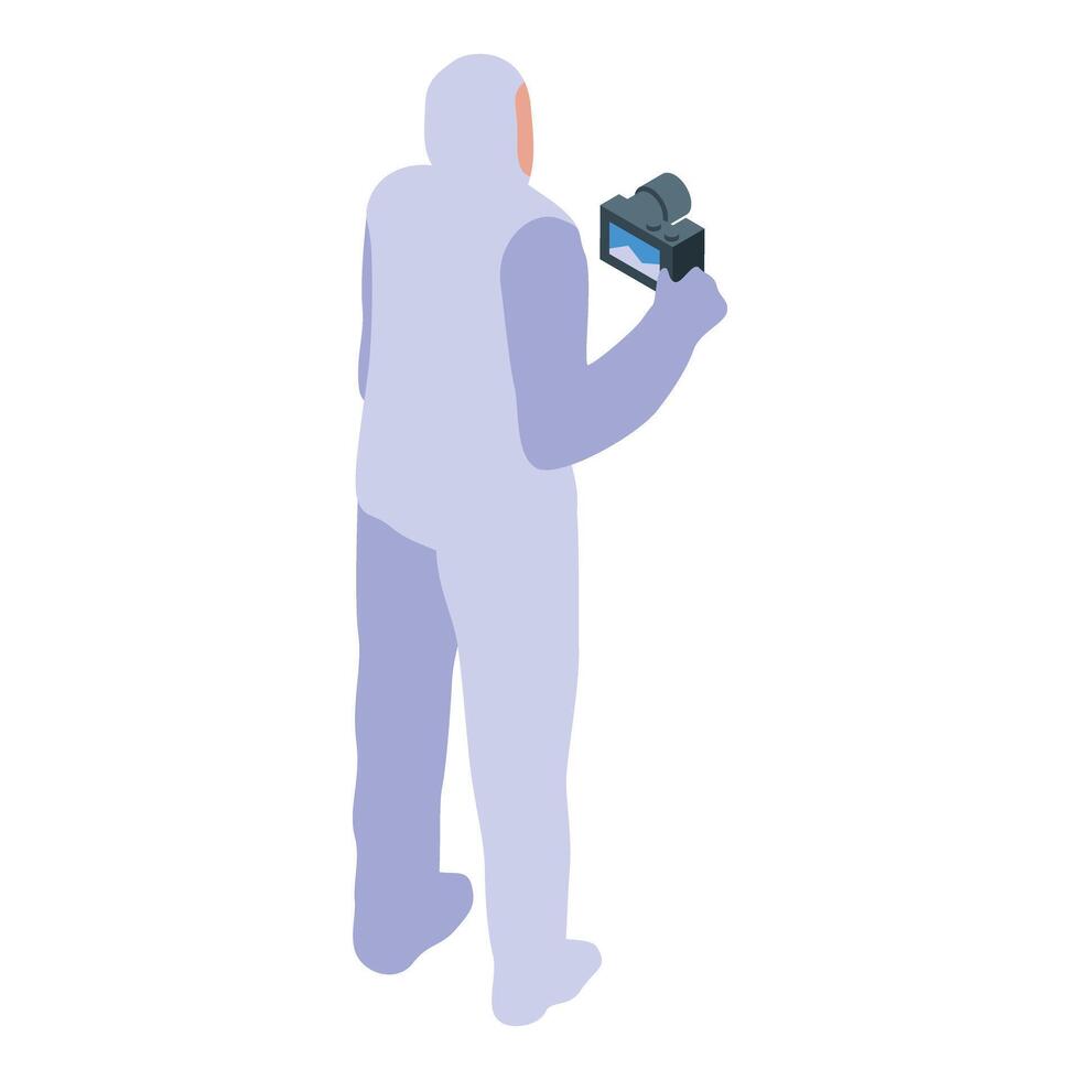 Crime scene investigator wearing protective suit taking photos with camera vector