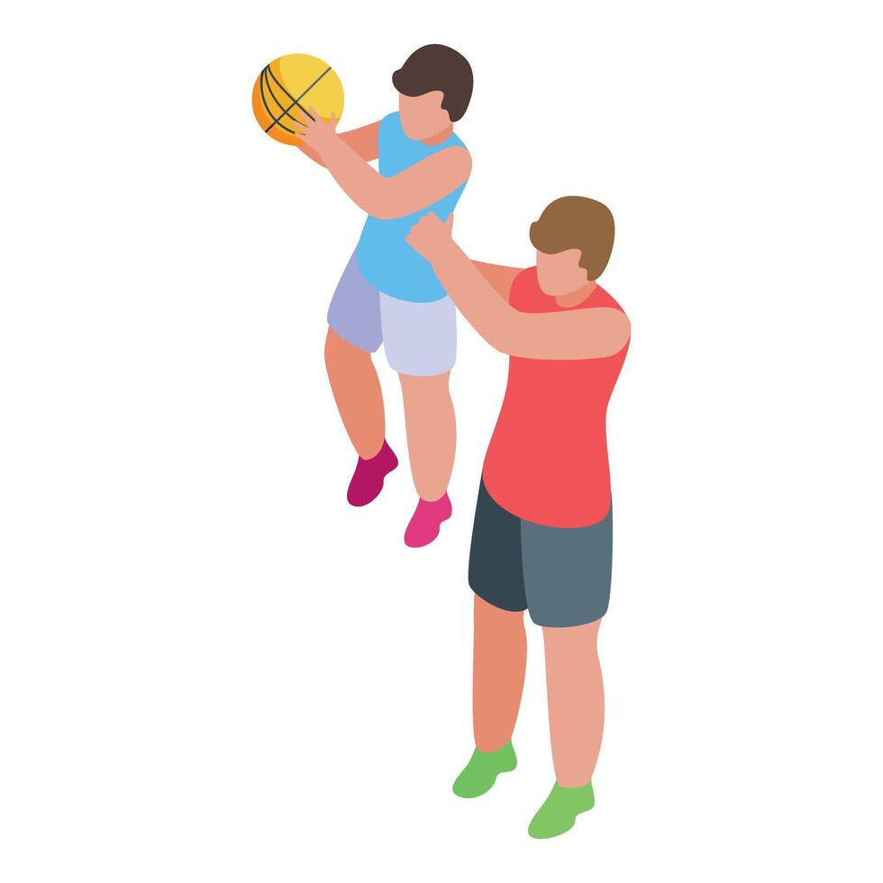 Basketball training, coach lifting youngster for slam dunk practice vector