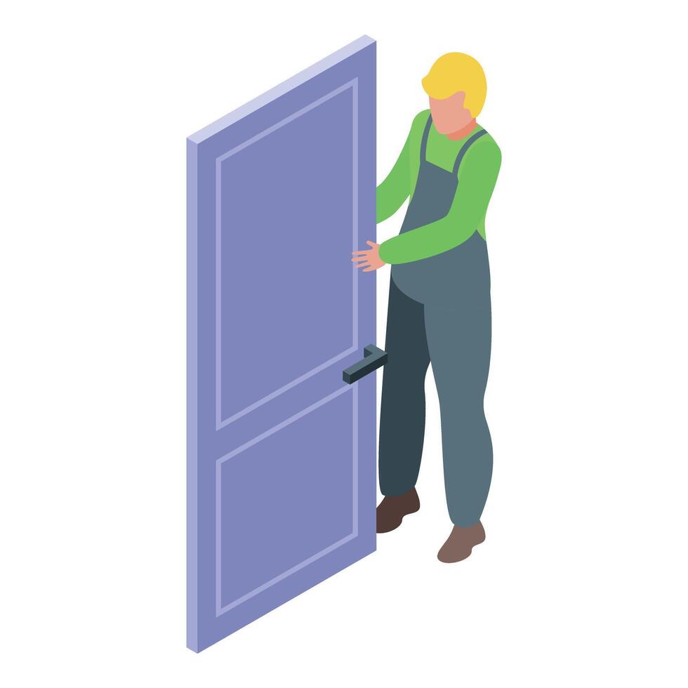 Carpenter opening door, home repair and maintenance service vector