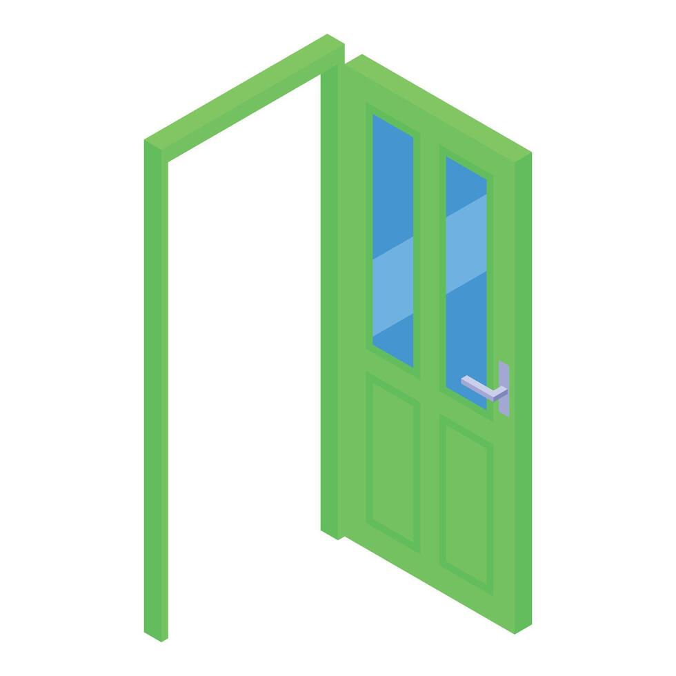 Green half open door with glass panel isometric view vector
