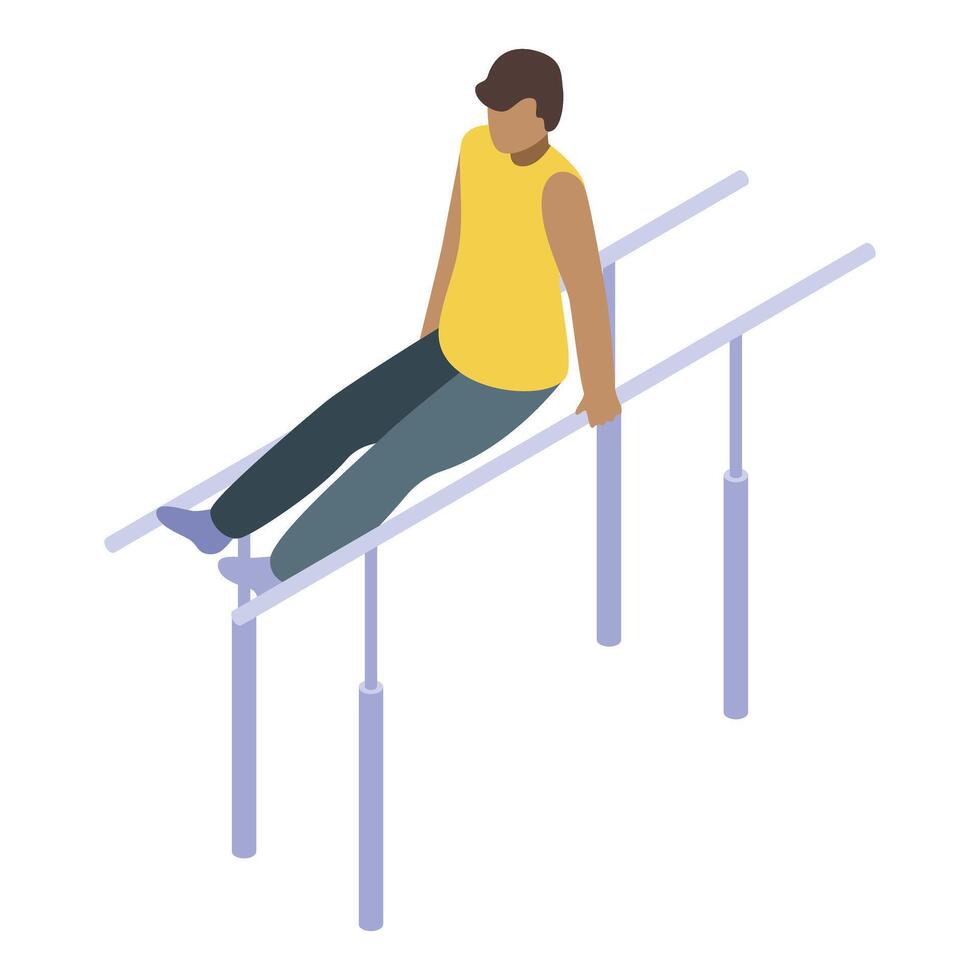 Young man training on parallel bars, gymnast performing isometric exercise vector
