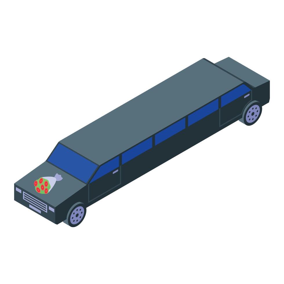 Long black limousine waiting for newlyweds with bouquet on the hood vector