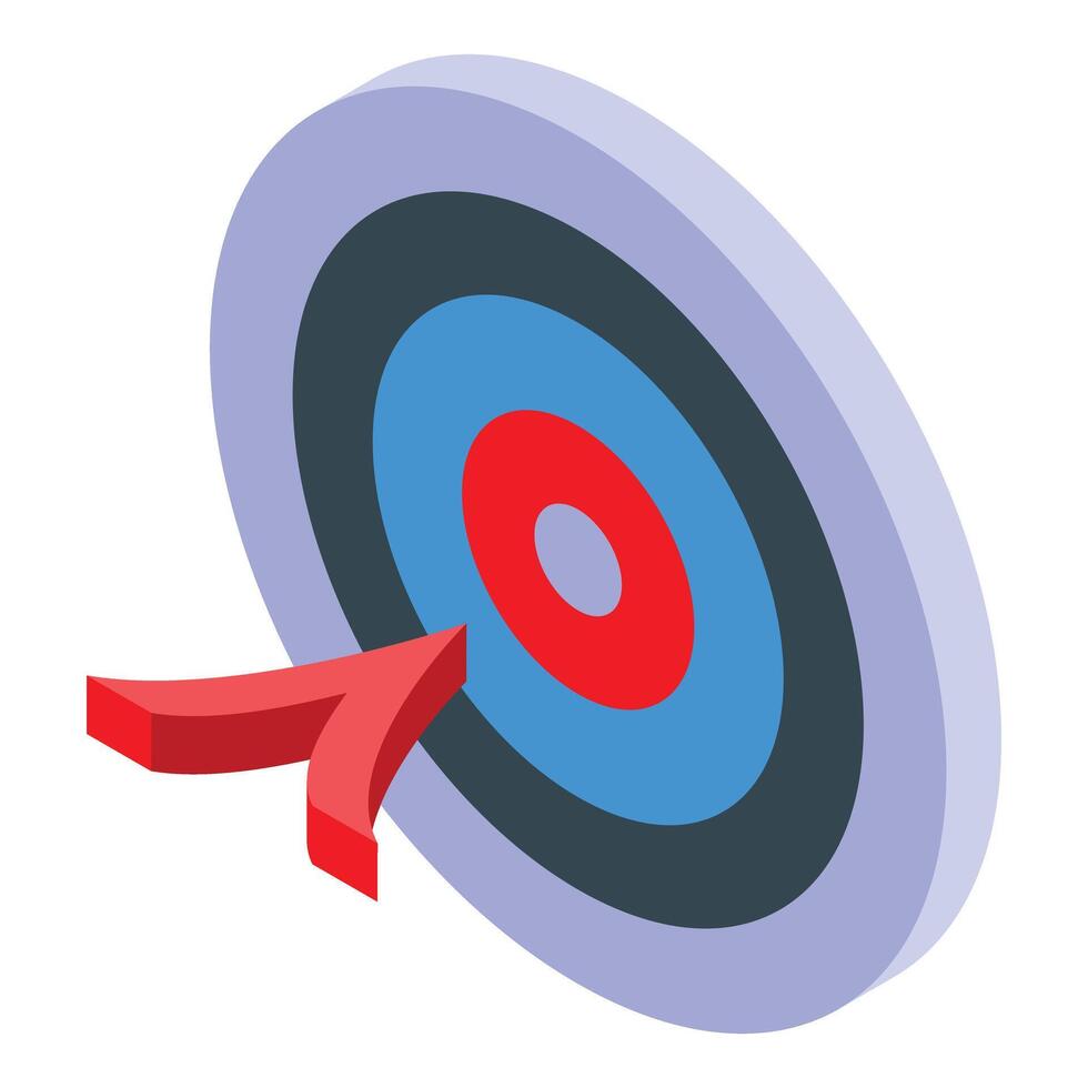 Red arrow hitting center of isometric target achieving business goal vector