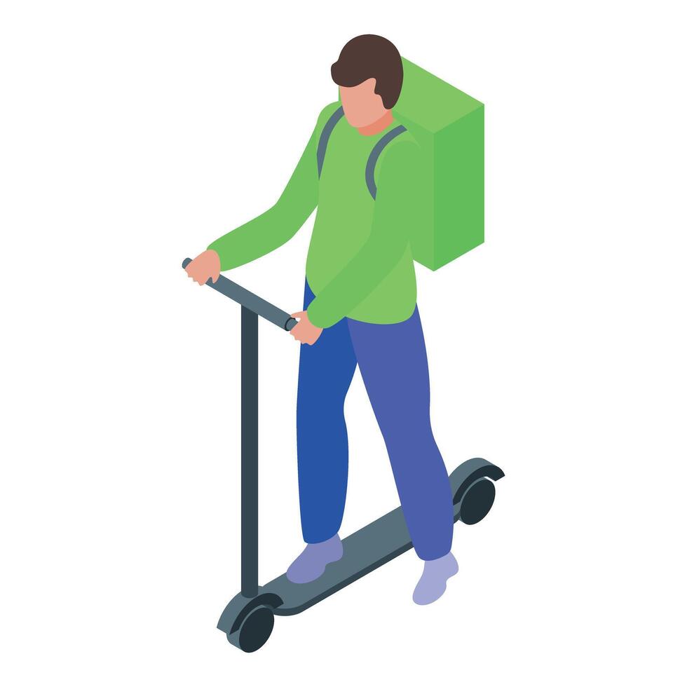 Delivery man riding electric scooter carrying green backpack isometric view vector