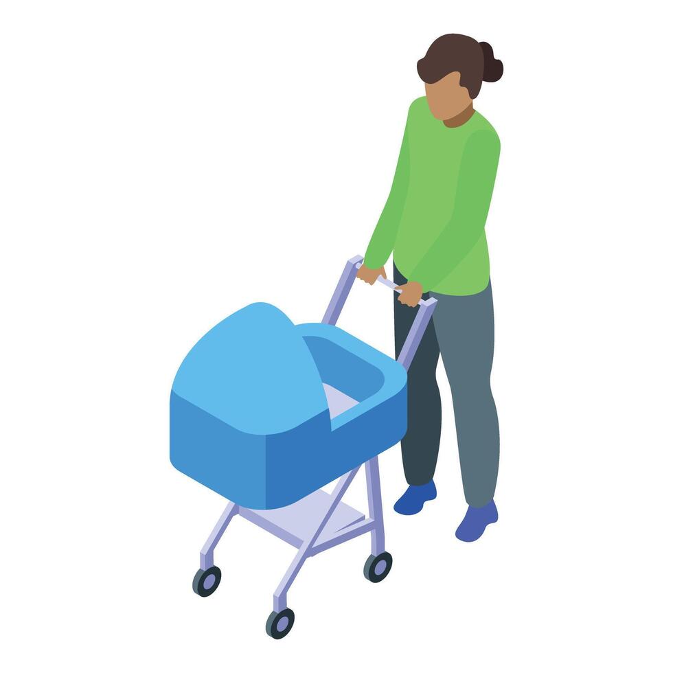 Babysitter pushing baby stroller with newborn child isometric view vector