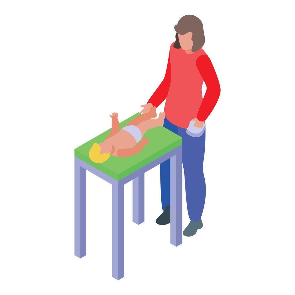 Babysitter changing baby diaper on table, isometric view vector