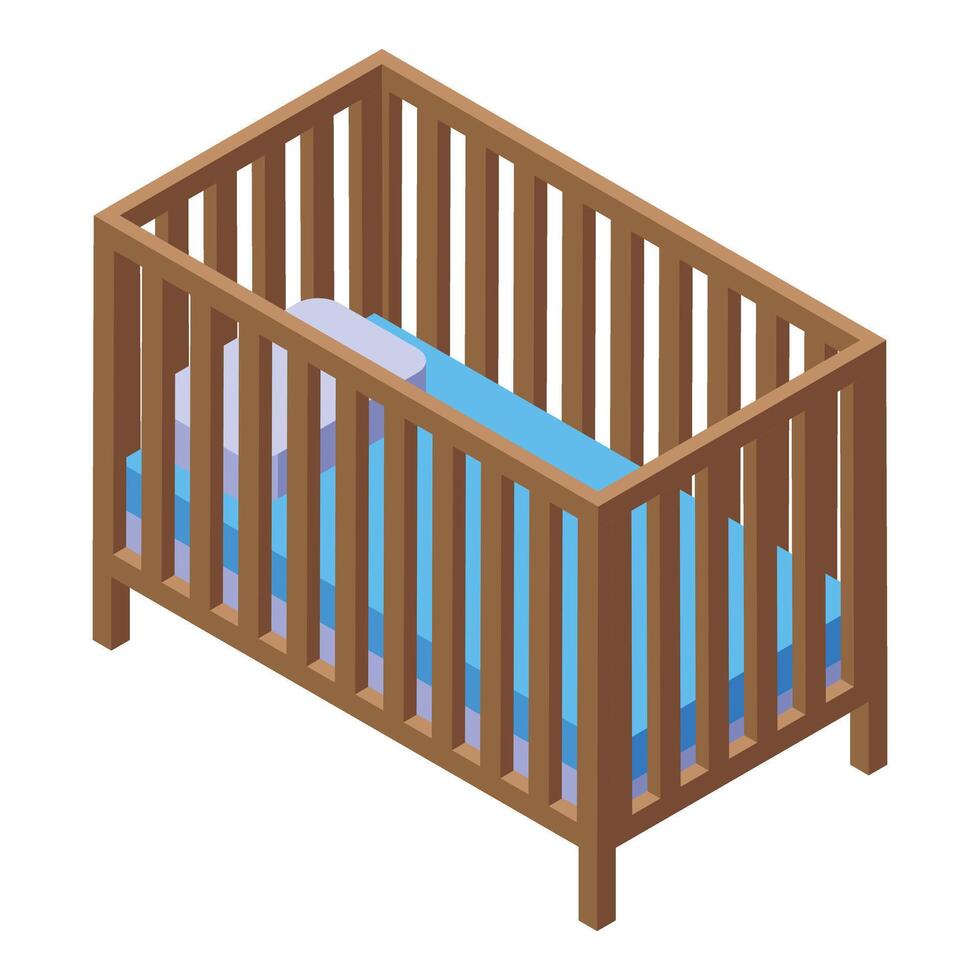 Wooden baby crib with blue mattress and pillow isometric view vector
